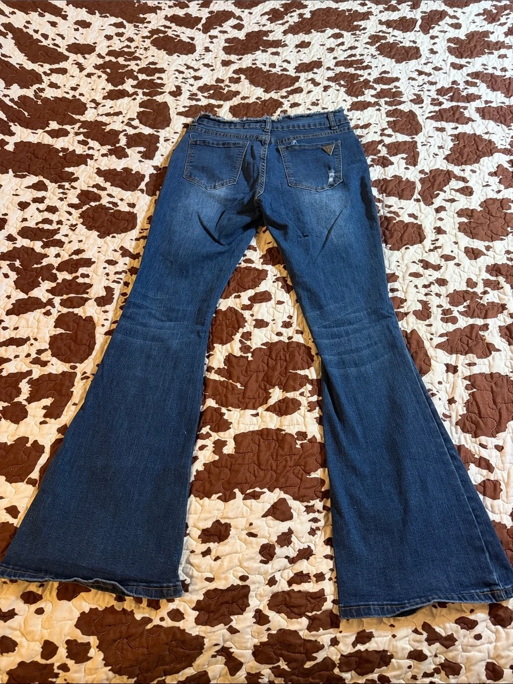 Women's Dark Blue Distressed Flare Jeans - High Rise Stretch